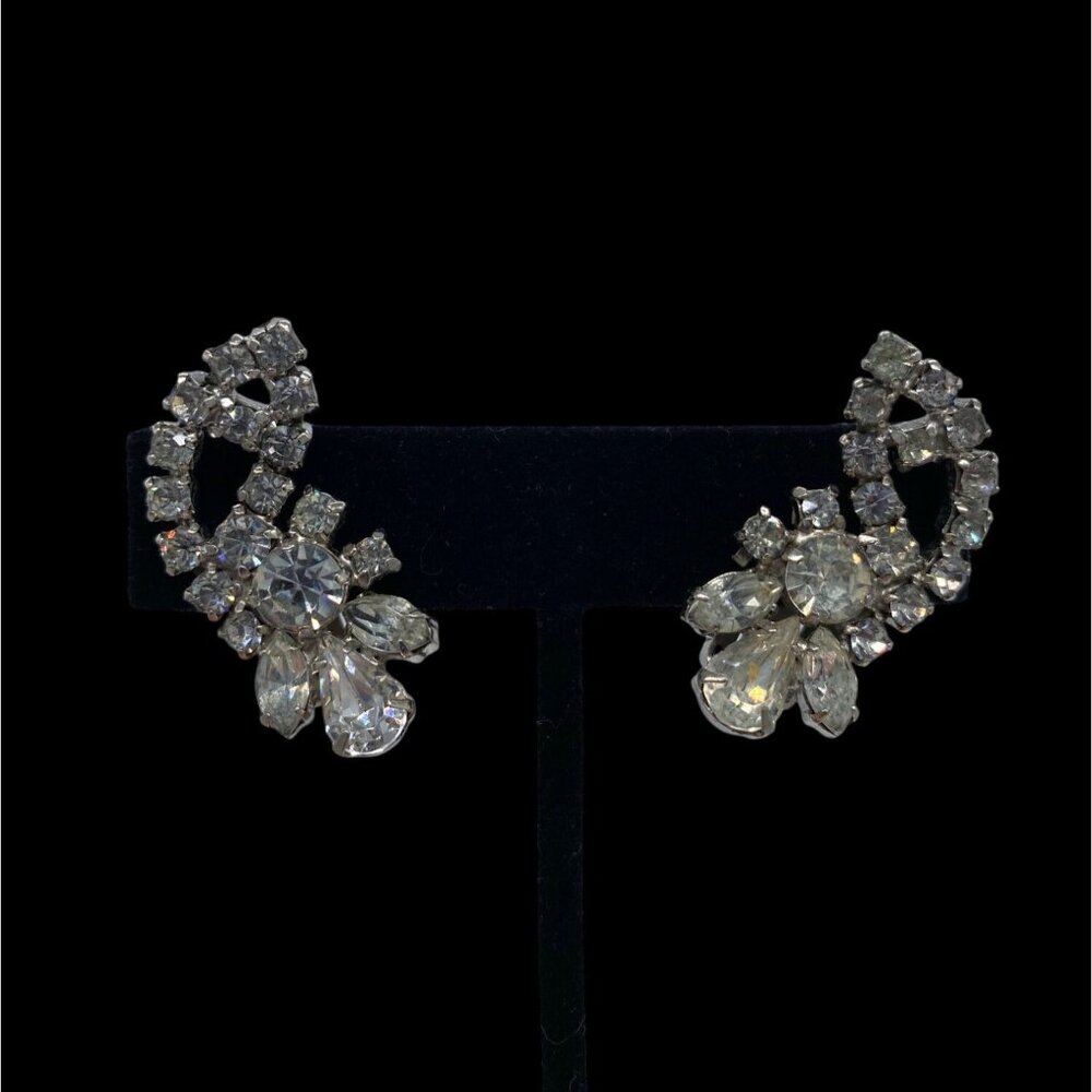 Vintage Rhinestone La Rel Signed Clip On Earrings Crystal Holiday Retro 1-1/2” L - Picture 2 of 9